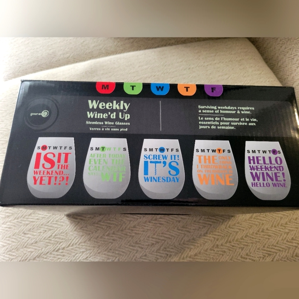 Days of the week stemless wine glass set New in box